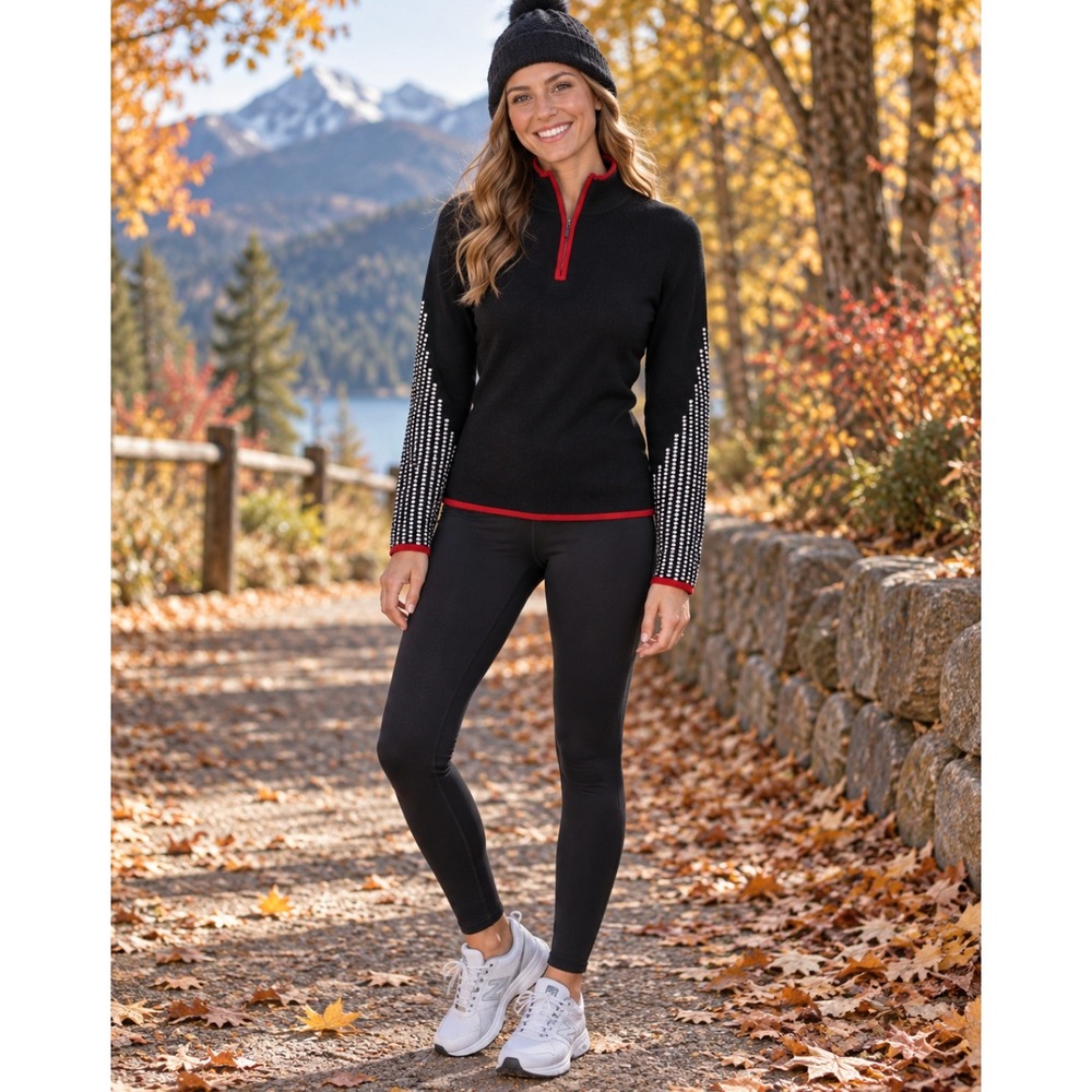 NEVE 100% Wool Quarter Zip Ski Sweater Black Red Nordic Apres Size Medium